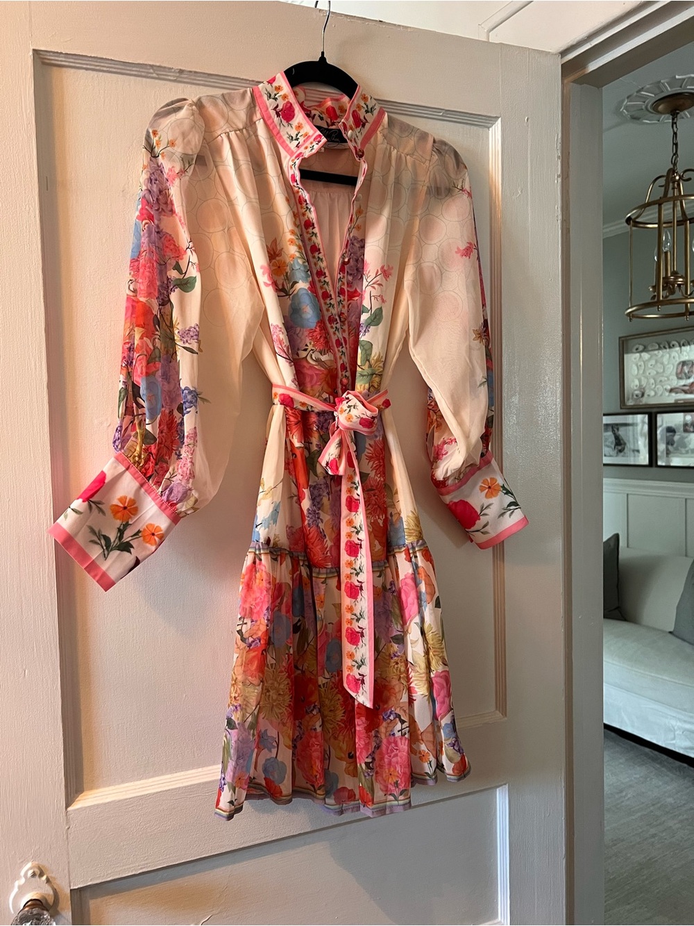 Floral Tie-Waist Mini Dress in Cream and Pink